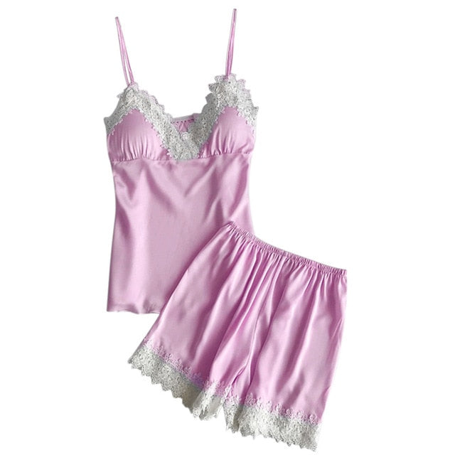 Silk Sexy Lace Women Pajamas Shorts Suit Korean Sexy Sleeveless Sleepwear 2PC Set Lingerie Ladies Nightwear Underwear Babydoll#W