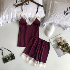 Silk Sexy Lace Women Pajamas Shorts Suit Korean Sexy Sleeveless Sleepwear 2PC Set Lingerie Ladies Nightwear Underwear Babydoll#W