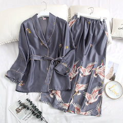 Silky Satin Women 2PCS Pajamas Set Summer Kimono Robe&Pants Sleepwear Suit Animal Print Nightwear Casual Home Wear Pyjamas