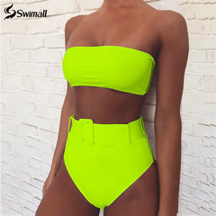 Solid Bandeau Bikini Swimwear Women Push Up Buckle Swimsuit High Waist Bikini Set Beach Wear Bathing Suit Brazilian Biquini
