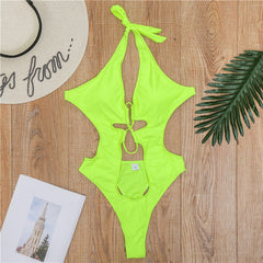 Solid swimwear women 2020 Halter swimsuit female Bandage one piece suit Hollow out bathing suit beach bathers High cut bodysuits