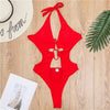 Image of Solid swimwear women 2020 Halter swimsuit female Bandage one piece suit Hollow out bathing suit beach bathers High cut bodysuits