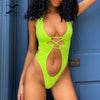 Image of Solid swimwear women 2020 Halter swimsuit female Bandage one piece suit Hollow out bathing suit beach bathers High cut bodysuits