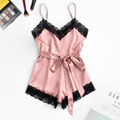 Spaghetti Strap Bodysuit Silk V-neck Lace Nightwear Household Clothes Plus Size Onesie Women Sexy Lingerie Romper Pajamas