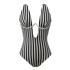 Striped V shape Wire One Piece Swimsuit Women Swimwear Female V-bar Underwired Bather 2019 Bathing Suit Swim Lady Monokini V472