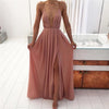 Image of Summer Maxi Dress Women Solid Sexy Deep V-Neck Sleeveless Spaghetti Strap Backless High Split Long Sundress Vestidos