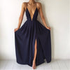 Image of Summer Maxi Dress Women Solid Sexy Deep V-Neck Sleeveless Spaghetti Strap Backless High Split Long Sundress Vestidos