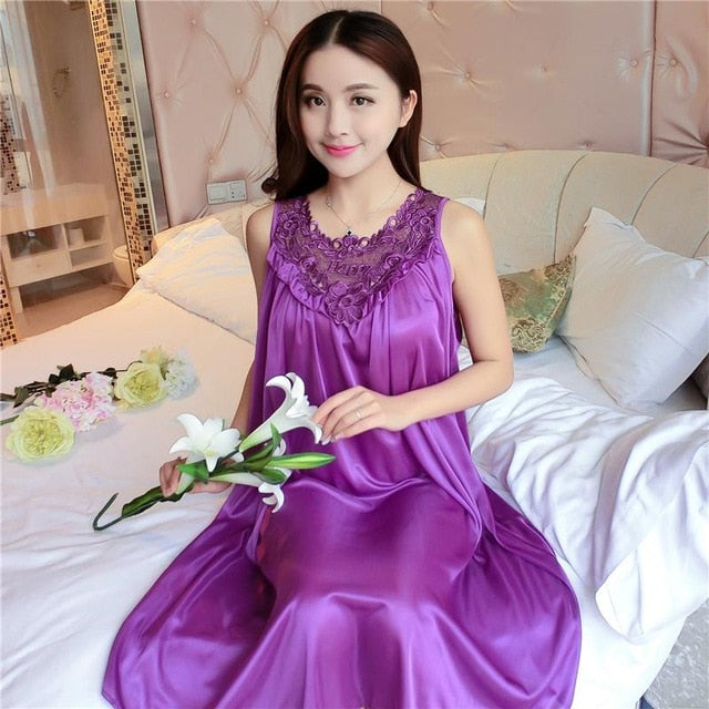 Summer Sexy Satin Night Dress Women Big Size 4xl Silk Nightgown Women Lace Lingerie Nightdress Sleeveless Nightie Sleepshirts