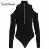 Image of Sweetown Autumn Black Long Sleeve Bodysuit Winter 2018 Elegant Turtleneck Body Femme Sexy Strapless Hollow Out Bodycon Bodysuits