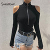 Image of Sweetown Autumn Black Long Sleeve Bodysuit Winter 2018 Elegant Turtleneck Body Femme Sexy Strapless Hollow Out Bodycon Bodysuits
