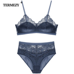 TERMEZY New Sexy Velvet Bra set Luxury Lace Trim Underwear Women Lingerie thin cotton Cup brassiere High Waist Lace Panties Set