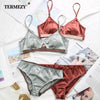 Image of TERMEZY New Women Underwear Wire Free satin bra thin 3/4 cups Bra and Panty Set Hollow Lingerie Women Brassiere Bralette