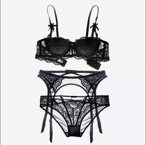 TERMEZY New plus size bra women sexy bra set intimates embroidery Underwear half cup lingerie black panty with Garters Sets
