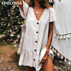 Image of Tunic Cover-ups 2020 White Cotton Tunic Beach Mini Dress Summer Women Beachwear Sexy V-Neck Button Front Swimsuit Cover Up Q744