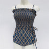 Image of Underwire Navy One Piece Swimsuit Vintage Retro Women Swimwear Plaid Swim Suit Ruched Push Up Monokini Korea Padded Bathing Suit