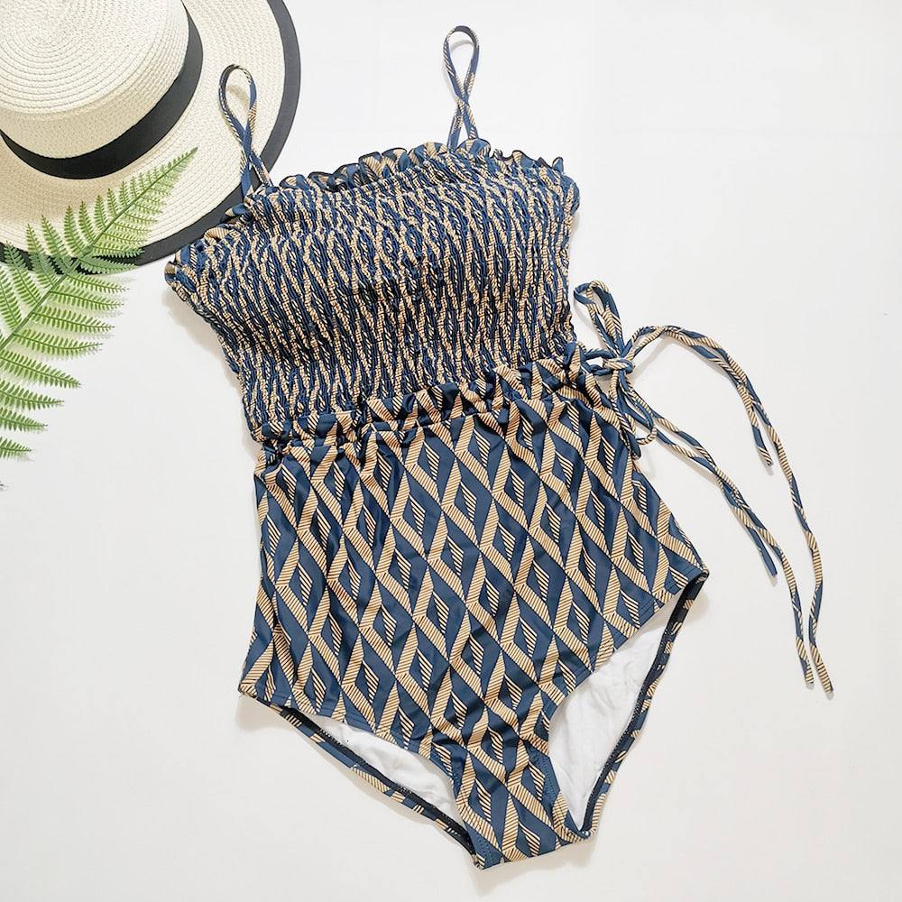 Underwire Navy One Piece Swimsuit Vintage Retro Women Swimwear Plaid Swim Suit Ruched Push Up Monokini Korea Padded Bathing Suit