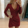 Image of VIEUNSTA Sexy Silver Glitter Dresses for Women 2019 Deep V-Neck Sequin Mini Bodycon Dress Autumn Winter Long Sleeve Party Dress