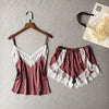 Image of VLENATLNO Women's Sleepwear Sexy Satin Pajama Set White Lace V-Neck Pyjamas Sleeveless Cute Cami Top and Shorts