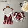 Image of VLENATLNO Women's Sleepwear Sexy Satin Pajama Set White Lace V-Neck Pyjamas Sleeveless Cute Cami Top and Shorts