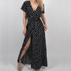 Image of WENYUJH Women Polka Dot High Split Dress Summer Sexy V-neck Beach Boho Dress Short Sleeve Sashes Maxi Long Dresses Plus Size