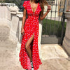 Image of WENYUJH Women Polka Dot High Split Dress Summer Sexy V-neck Beach Boho Dress Short Sleeve Sashes Maxi Long Dresses Plus Size