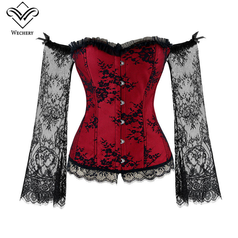 Wechery Women Steampunk Corset Sexy Long Sleeve Lace Corselet Lace Up Bustiers Korset For Posture Party Club Wedding Plus Size