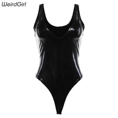 Weirdgirl Women pu leather Bodysuits Sexy Party Black v-neck Skinny Sleeveless Spring Highstreet Spaghetti Strap Rompers New