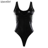 Image of Weirdgirl Women pu leather Bodysuits Sexy Party Black v-neck Skinny Sleeveless Spring Highstreet Spaghetti Strap Rompers New