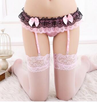 Woman Erotic Lingerie Set Suspenders Stockings Garter Belt + Sexy Long Stocking Knee High Socks 2 Color Lace Flower Stay Up