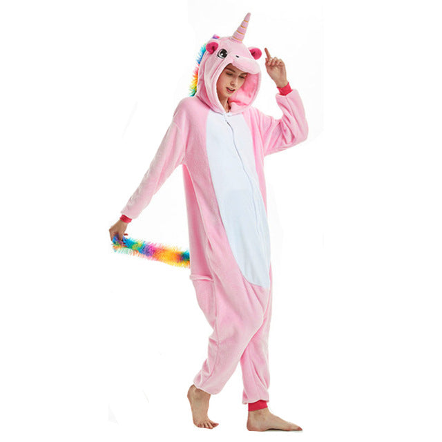 Women Animal Pajamas Flannel Sleep Lounge Adults Sleepwear Cute Unicorn Lemur Tiger Stitch Cartoon Onesies Pyjama Sets