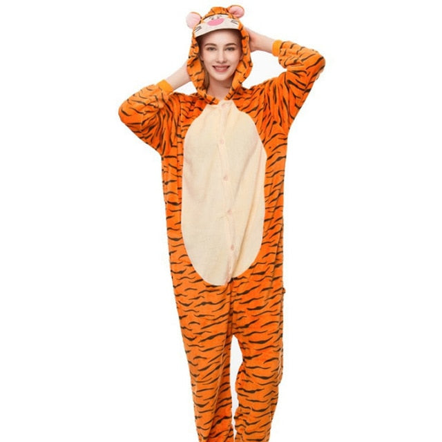 Women Animal Pajamas Flannel Sleep Lounge Adults Sleepwear Cute Unicorn Lemur Tiger Stitch Cartoon Onesies Pyjama Sets