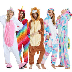 Women Animal Pajamas Flannel Sleep Lounge Adults Sleepwear Cute Unicorn Lemur Tiger Stitch Cartoon Onesies Pyjama Sets