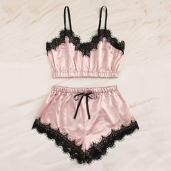 Women Bow Sleepwear Sleeveless Strap Nightwear Lace Trim Satin Cami Top Pajama Sets femme sexy lingerie pyjamas women