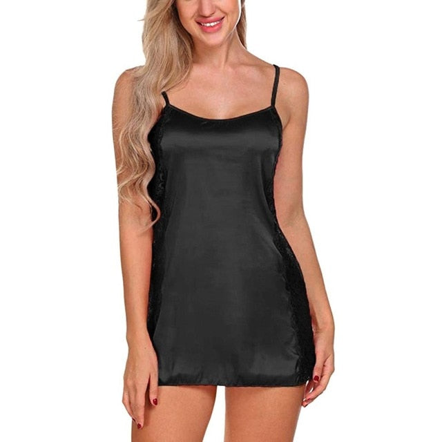 Women Night Dress Nightgown Sexy Solid Color Satin Silk Lingerie Lace Nightwear Sleepwear Sexy Dress S-3XL Nuisette #2O21