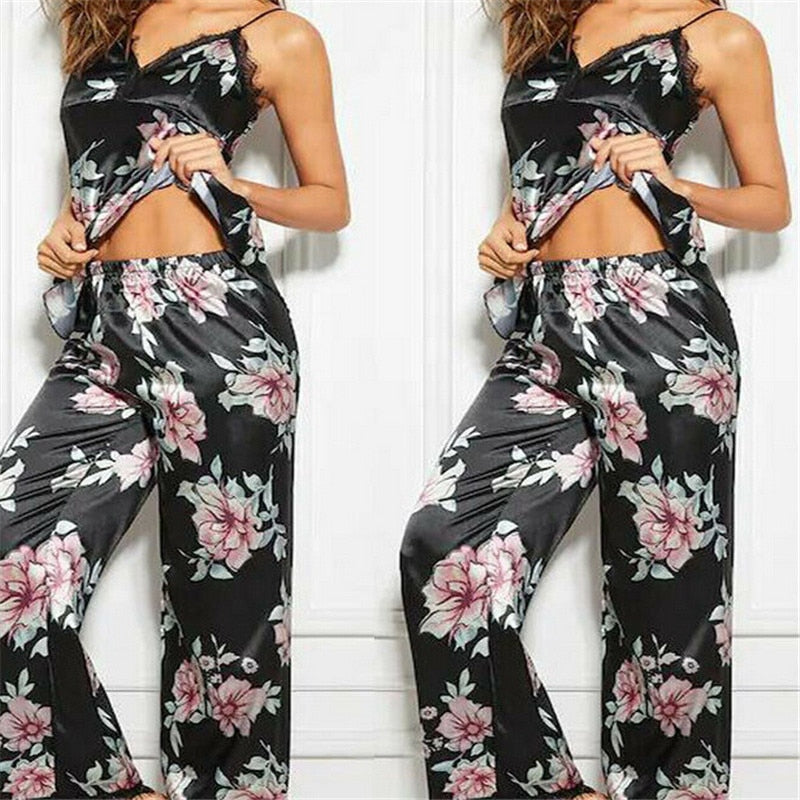 Women Pajamas Faux Silk Sleepwear Satin Pajamas Set Vintage Flower Print Sleeveless Long Pants 2 Piece Autumn Winter Homewear