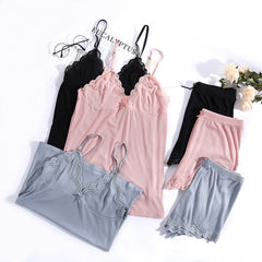 Women Pajamas v-neck Sleepwear sexy set Pijama Silk nightwear Lace homewear Strap Sleep Lounge Pyjama