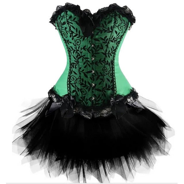 Women Sexy Burlesque Overbust Corset Bustier Top With Mini TuTu Skirt Fancy Dresses Costume Sexy Gothic Corsets Dress