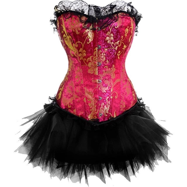Women Sexy Burlesque Overbust Corset Bustier Top With Mini TuTu Skirt Fancy Dresses Costume Sexy Gothic Corsets Dress