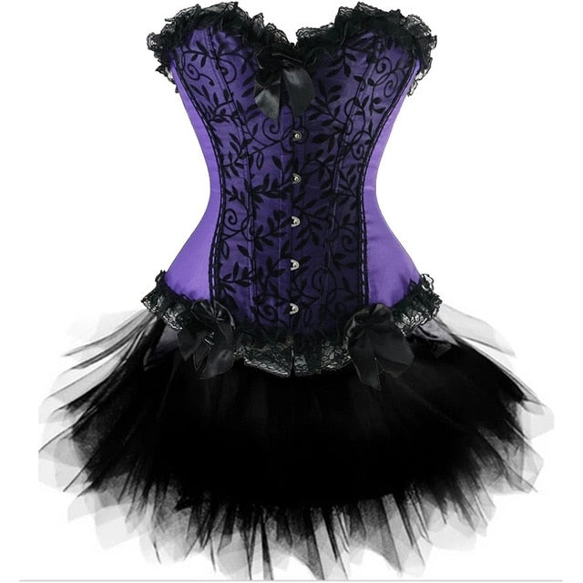 Women Sexy Burlesque Overbust Corset Bustier Top With Mini TuTu Skirt Fancy Dresses Costume Sexy Gothic Corsets Dress