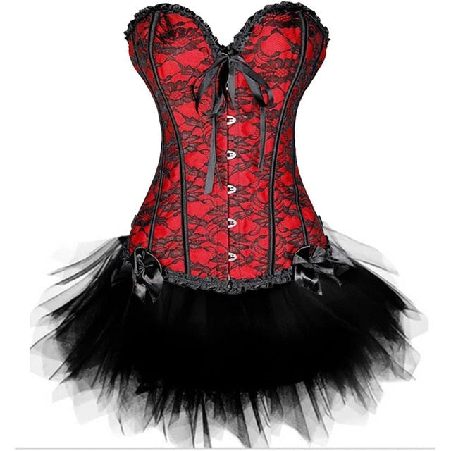 Women Sexy Burlesque Overbust Corset Bustier Top With Mini TuTu Skirt Fancy Dresses Costume Sexy Gothic Corsets Dress