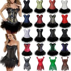 Women Sexy Burlesque Overbust Corset Bustier Top With Mini TuTu Skirt Fancy Dresses Costume Sexy Gothic Corsets Dress