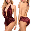 Image of Women Sexy Lace Satin Lingerie Smooth Silk-like Nightwear Sleepwear Set Nighties for Women Night Dress Wear Deep V-Neck