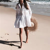 Image of Women Swimsuit Cover Ups Mandarin Sleeve Kaftan Beach Tunic Dress Robe De Plage Solid White Cotton Pareo Beach Cover Up #Q429