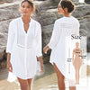 Image of Women Swimsuit Cover Ups Mandarin Sleeve Kaftan Beach Tunic Dress Robe De Plage Solid White Cotton Pareo Beach Cover Up #Q429