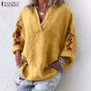 Image of Women V Neck Long Sleeve Blouse Floral Embroidery Tops ZANZEA Autumn Cotton Linen Shirt Femme Robe Work Blusas Chemise Mujer 7