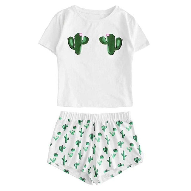 Women's Cactus Printed Pajamas Set Cotton Girls Casual Shorts Short Sleeve Ruffled T-Shirt Sleepwear Nightwear Set pyjama femme