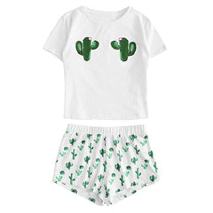 Women's Cactus Printed Pajamas Set Cotton Girls Casual Shorts Short Sleeve Ruffled T-Shirt Sleepwear Nightwear Set pyjama femme