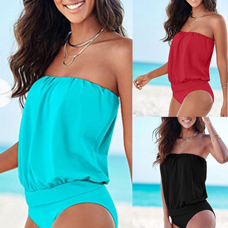 Women's  One-piece Ruffled Swimwear Halter Strapless Swimsuit Sexy Swimsuit Large Size Pure Color Swimwear Beach Swimming Suit