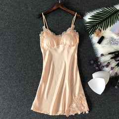 Women's Sexy Lingerie Silk Nightgown Summer Dress Lace Night Dress Sleepwear Babydoll Nightie Satin Homewear Chest Pad Nightwear