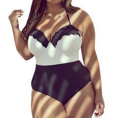 Women's Summer Plus Size One Piece Monokini Swimwear Push-Up Pad Bikini Strap Swimsuit Underwire 4XL Patchwork Solid Black White